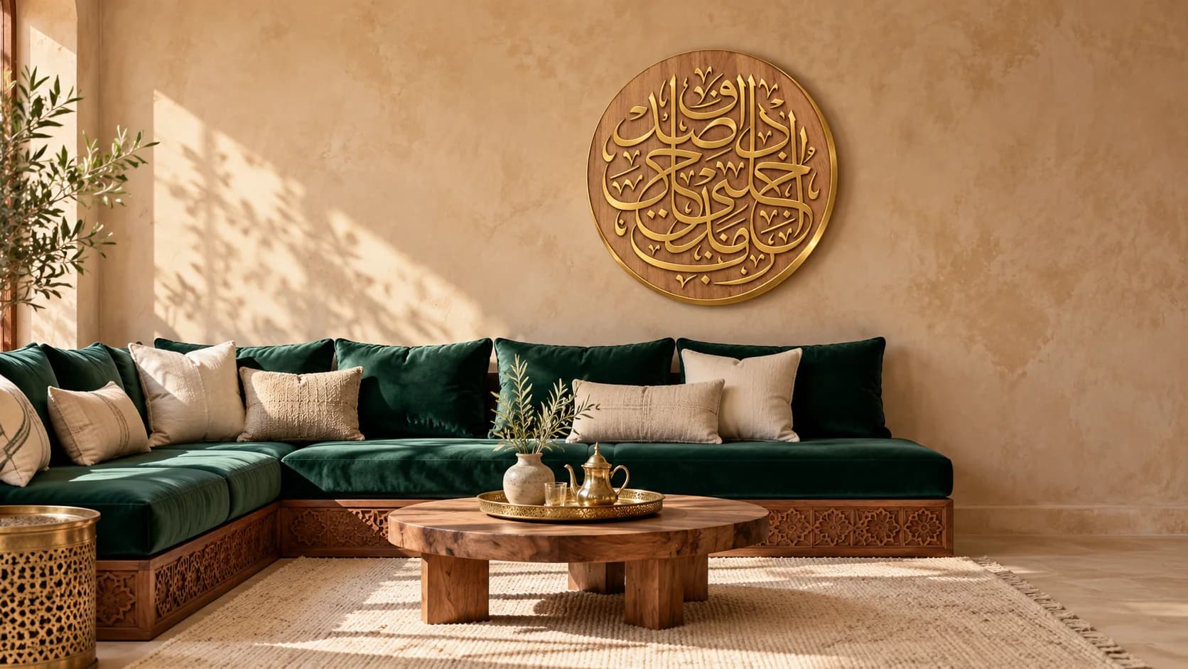 Salon émeraude avec un médaillon calligraphié au mur